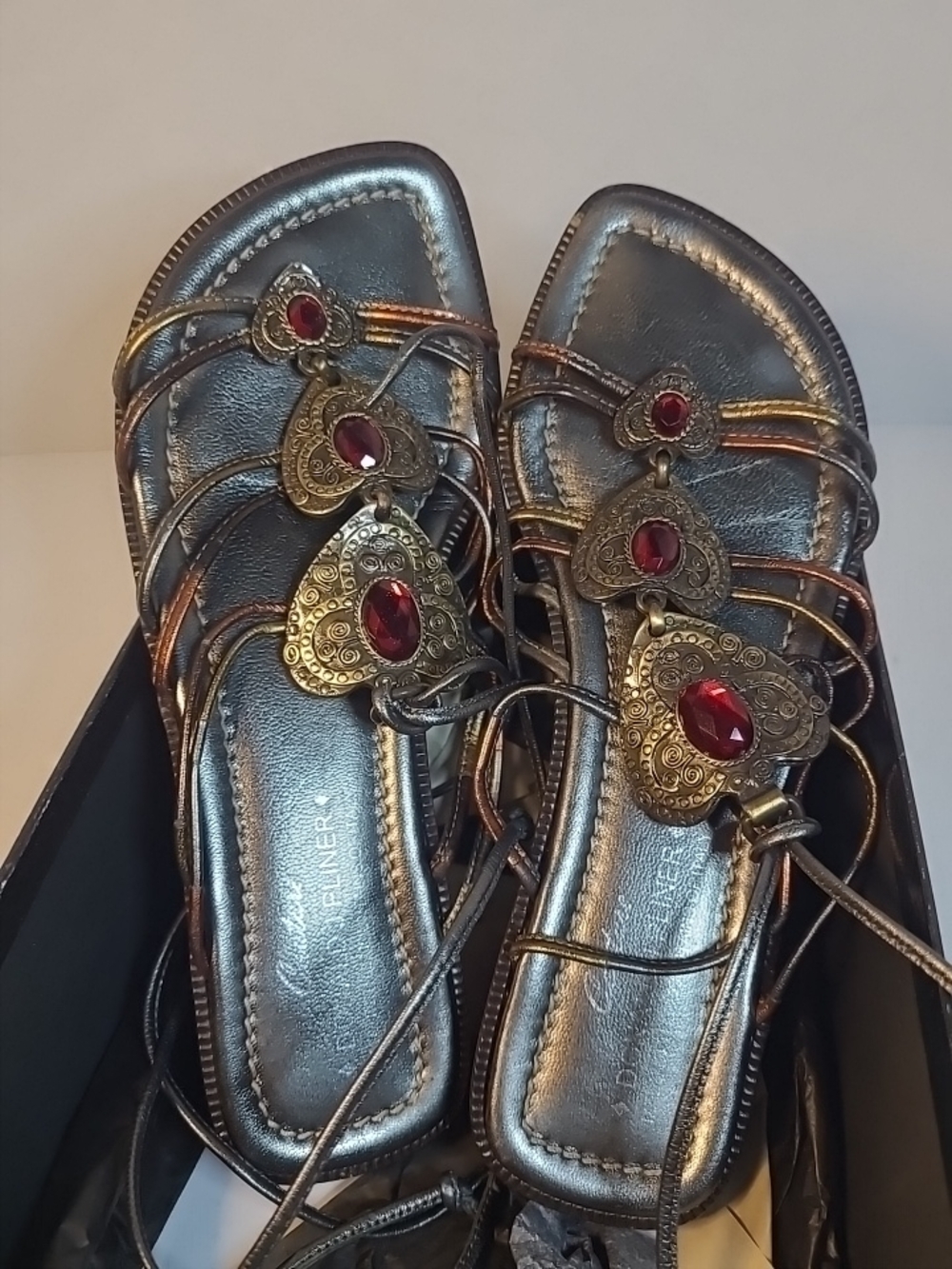 Donald J Pliner Strappy Gemstone Metal Sandals Bronze Combo Size 5.5